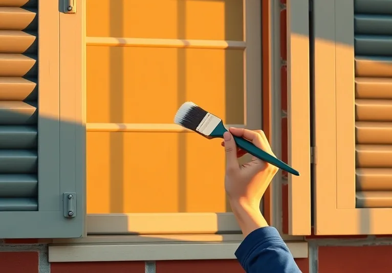 Mise en peinture au pinceau de volets et d'encadrements en bois