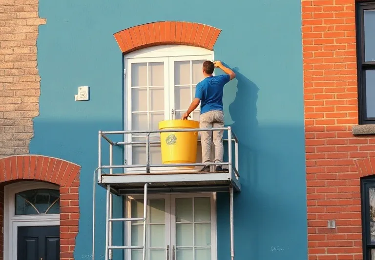 Peintre sur échafaudage traitant la façade d'une maison