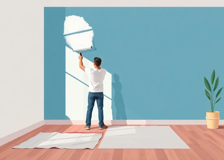 Peintre appliquant la peinture au rouleau sur un mur de salon